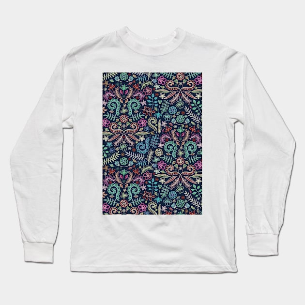 Colored Chalk Floral Doodle Pattern Long Sleeve T-Shirt by micklyn